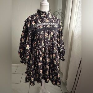 Pilcro Long Sleeve Mock-Neck Swing Mini Floral-Black Dress